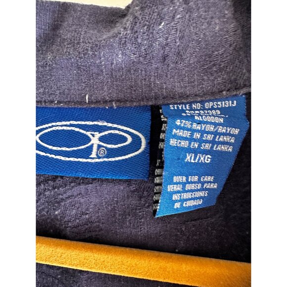 OP Size Xl  Navy Blue Short-Sleeve Button-Up Floral Solid Rayon Cotton Shirt - Picture 4 of 8